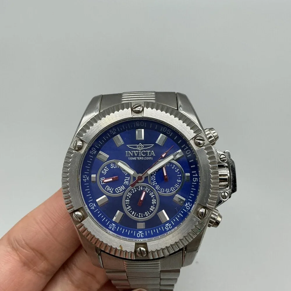 Invicta 5716 Mens Watch 44mm Blue Dial Stainless Steel 100M New Battery 8.25